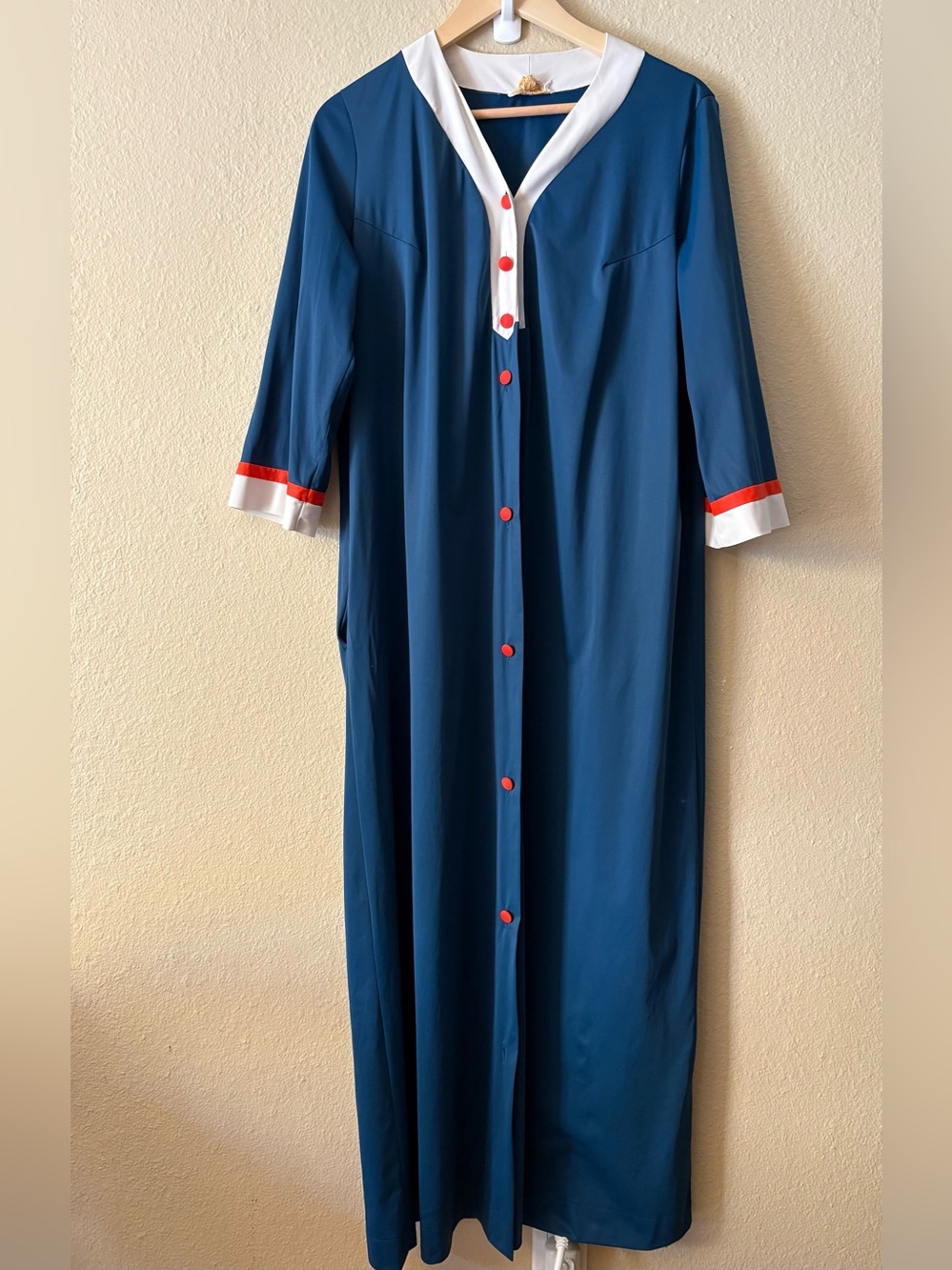 Vintage 1970s Lorraine Duster Robe Navy Red White Nylon Housecoat
